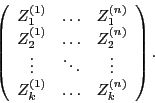 \begin{displaymath}
\left(\begin{array}{ccc}
Z_{1}^{(1)} & \ldots & Z_{1}^{(n)...
... \\
Z_{k}^{(1)} & \ldots & Z_{k}^{(n)}
\end{array}\right).
\end{displaymath}